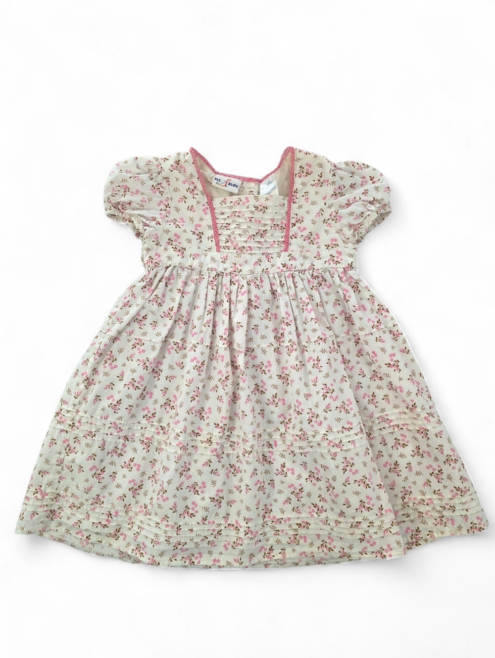 Vintage 90s Y2K Floral Cottagecore Pintuck Babydoll Dress Girls 4T Pink White